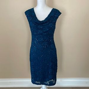 Connected Apparel Sequin Cocktail Midi Sleeveless Dress Dark Teal Petite